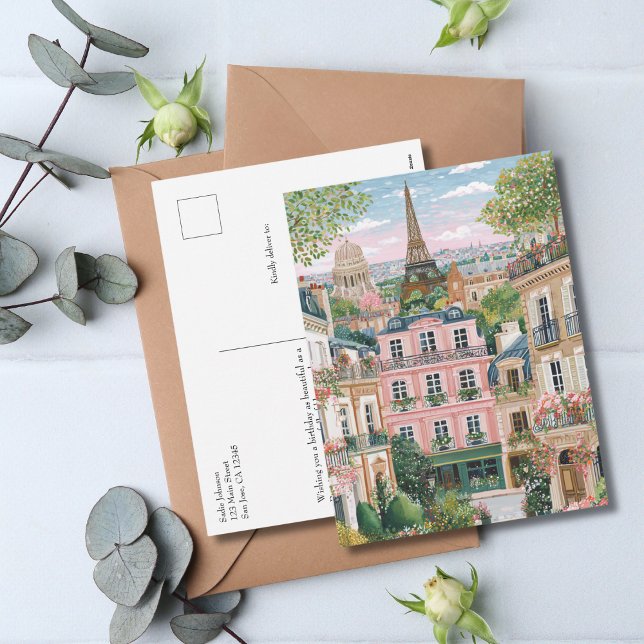 Postal Festiva Whimsical Paris Summer Travel Eiffel Tower Floral  (Subido por el creador)
