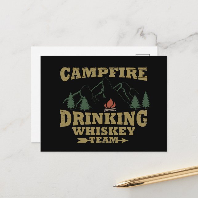 Postal Festiva Whiskey cita graciosos dichos de camping (Anverso/Reverso In Situ)