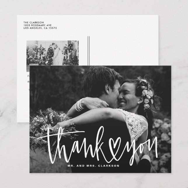 Postal Festiva White Hand Lettering with Heart Wedding Thank You (Anverso / Reverso)