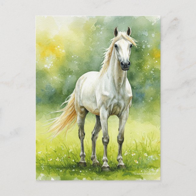 Postal Festiva White Horse Meadow Elegant Watercolor Postcard (Anverso)