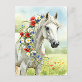 Postal Festiva White Horse Wildflowers Watercolor Floral Postcard