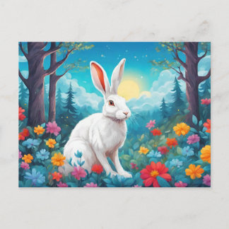 Postal Festiva White Rabbit with Forest Flowers Nature 