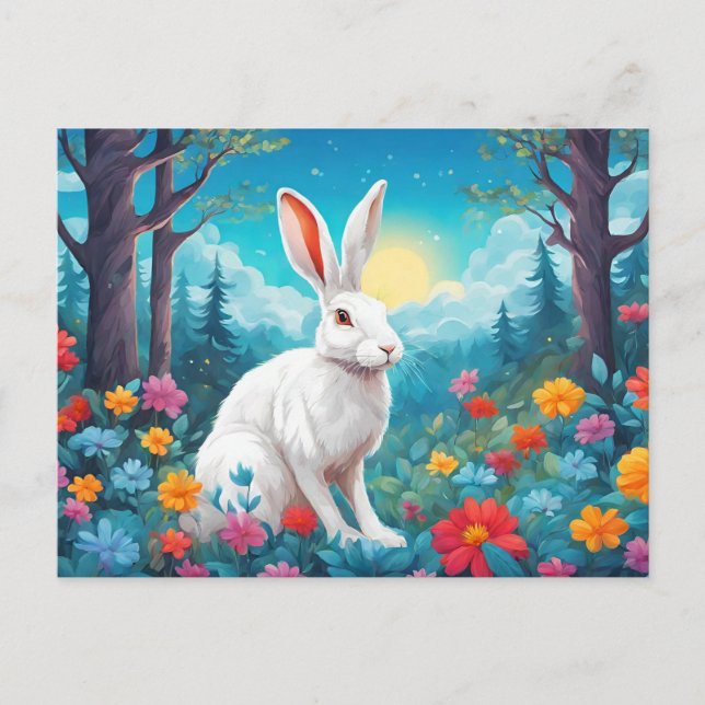 Postal Festiva White Rabbit with Forest Flowers Nature  (Anverso)