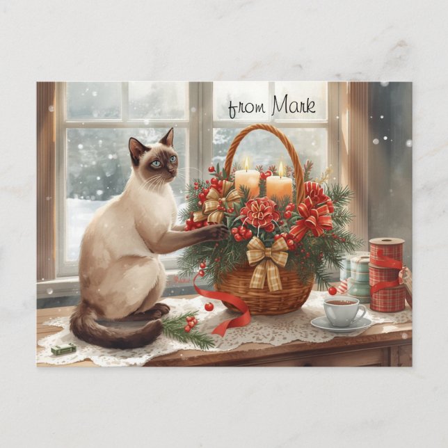 Postal Festiva Winter Cat with Flowers  Christmas Collection (Anverso)