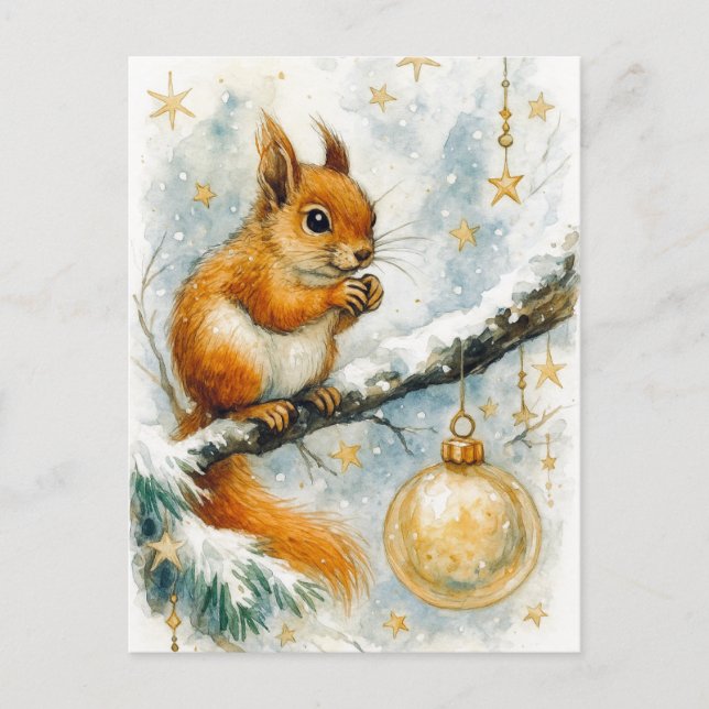 Postal Festiva Winter Squirrel Golden Ornament Christmas Postcard (Anverso)