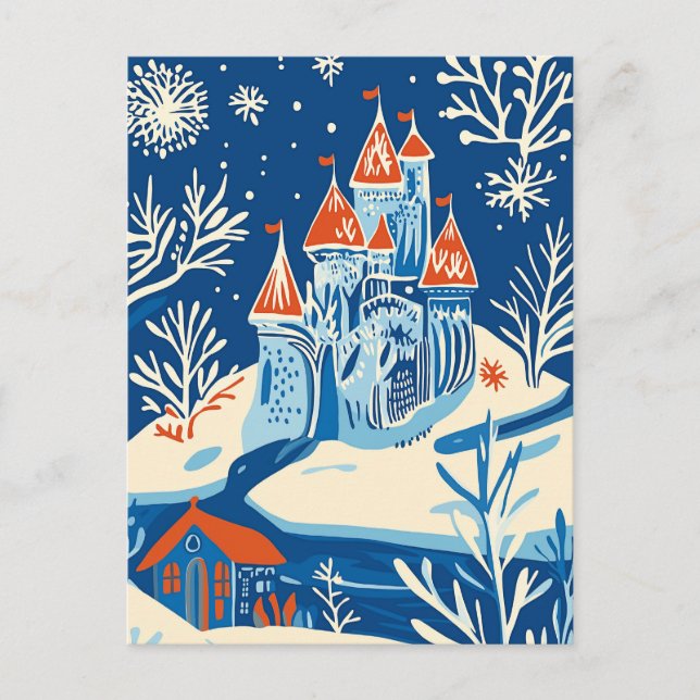 Postal Festiva Winter Wonderland, Castillo de hielo, arte folclór (Anverso)