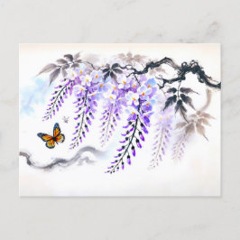 Postal Festiva Wisteria con pintura de tinta asiática de mariposa