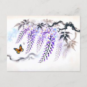 Postal Festiva Wisteria con pintura de tinta asiática de mariposa