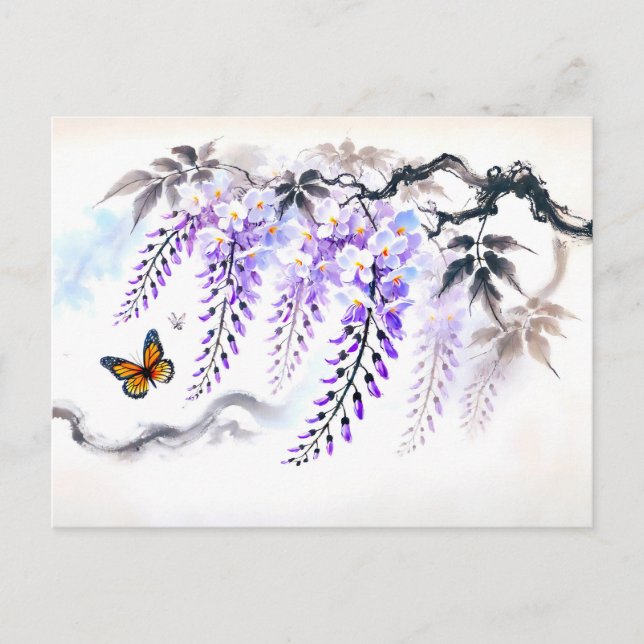 Postal Festiva Wisteria con pintura de tinta asiática de mariposa (Anverso)