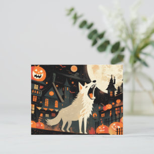 Postal Festiva Wolf Howling en Halloween noche de luna llena