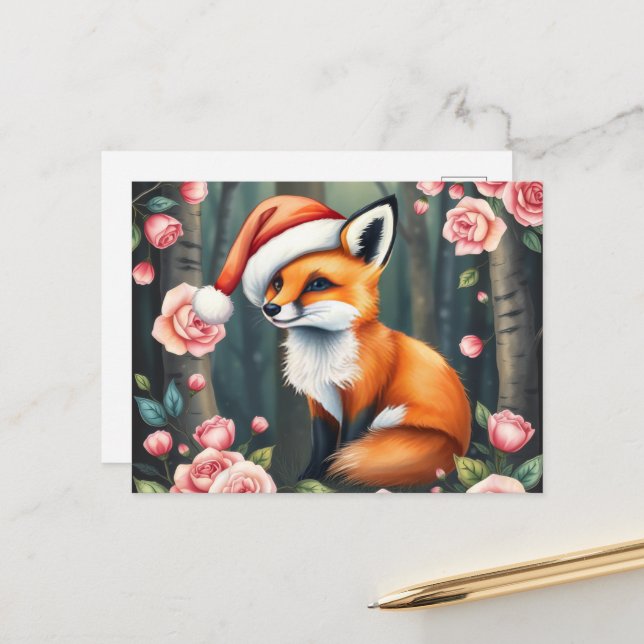 Postal Festiva Woodland fox in Christmas hat holiday postcard (Anverso/Reverso In Situ)