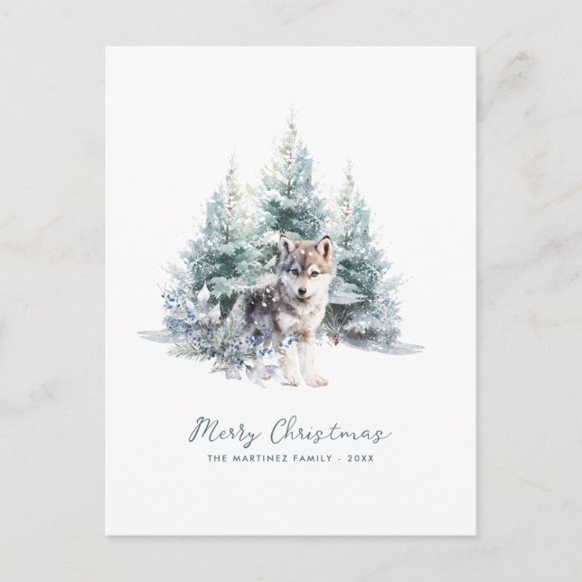 Postal Festiva Woodland Pine Forest Wolf Merry Christmas (Anverso)