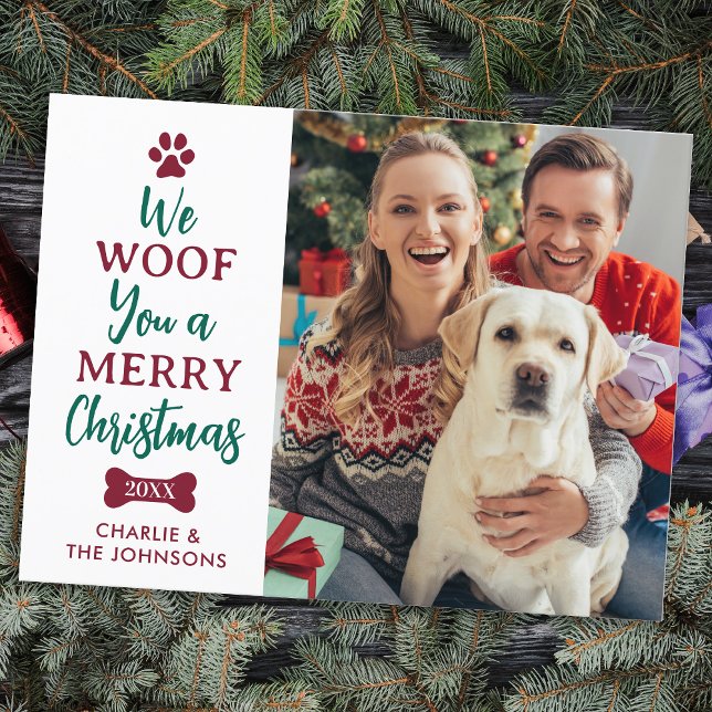 Postal Festiva Woof You Merry Personalizado navideño Mascota foto (Subido por el creador)