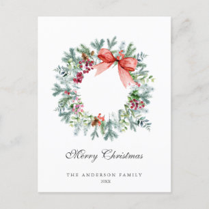 Postal Festiva Wreath de color de agua Evergreen y Holly Berries
