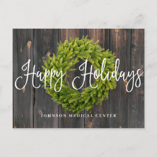 Postal Festiva Wreath de follaje sobre la madera   Felices vacaci
