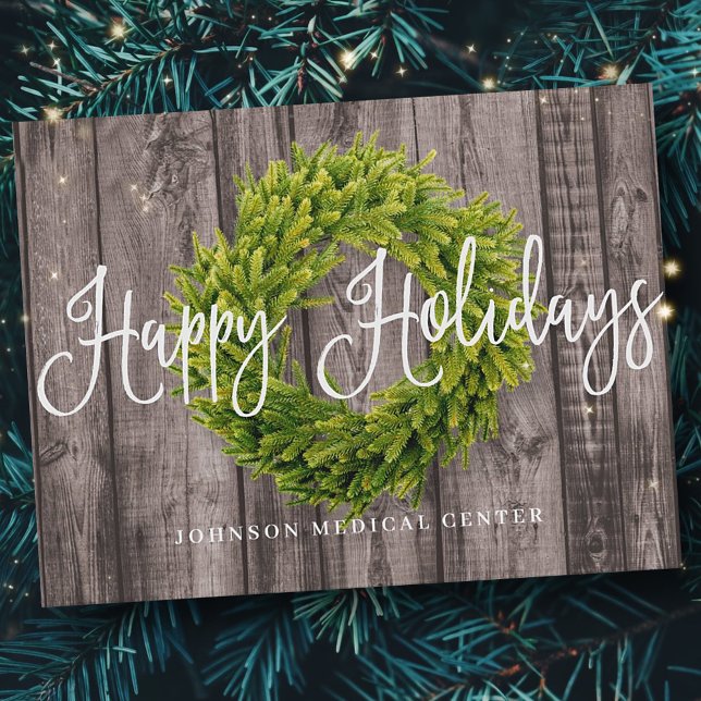 Postal Festiva Wreath de follaje sobre la madera | Felices vacaci (Subido por el creador)