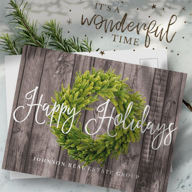 Postal Festiva Wreath de follaje sobre la madera | Feliz saludo d (Subido por el creador)