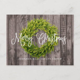 Postal Festiva Wreath de follaje sobre la madera   Feliz Saludo d