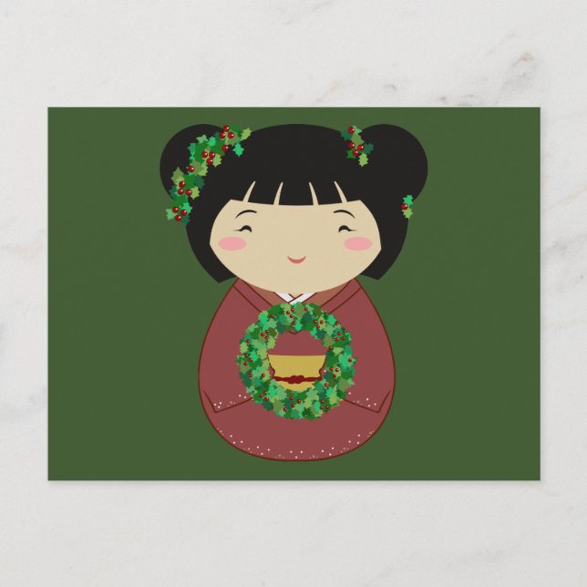 Postal Festiva Wreath de Navidades de Kokeshi (Anverso)