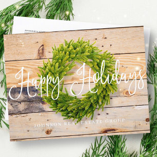 Postal Festiva Wreath de Pine en la madera   Saludos Felices Fies