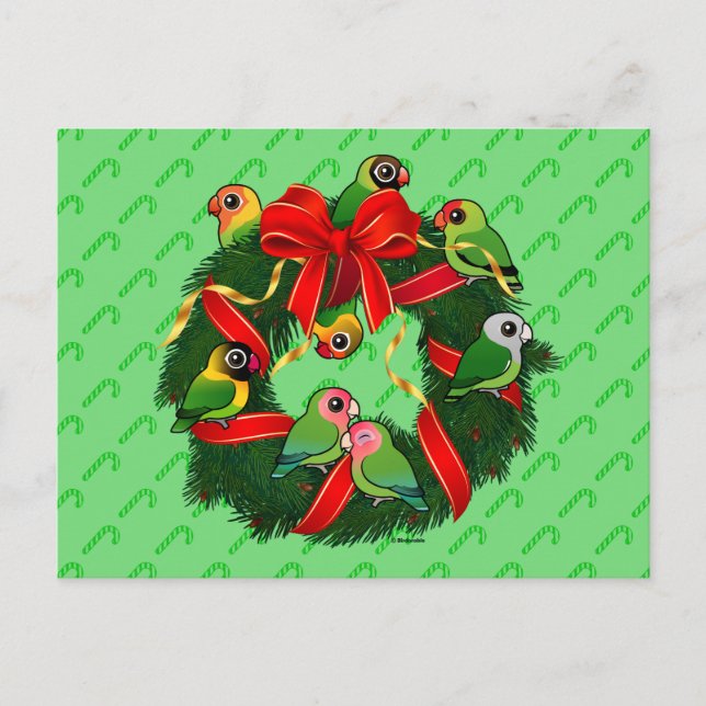 Postal Festiva Wreath, Navidades Birdorable de Lovebirds (Anverso)