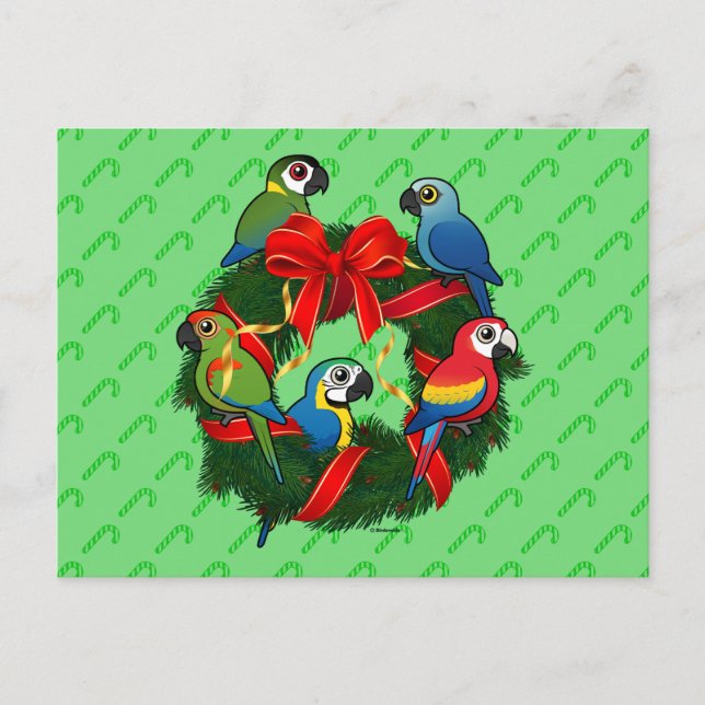 Postal Festiva Wreath, Navidades de Birdorable Macaws (Anverso)