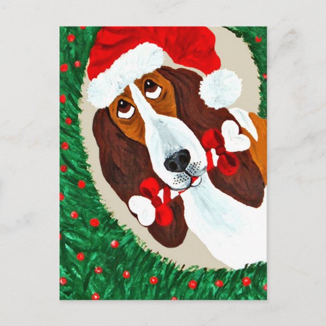 Postal Festiva Wreath, Navidades del Hound de Basset (Anverso)