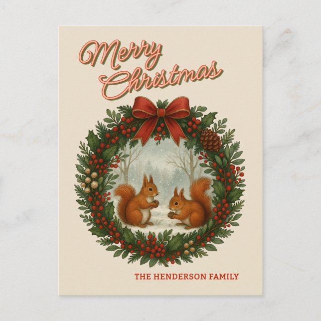 Postal Festiva Wreath Retro Personalizado Con Ardillas Cutas (Anverso)