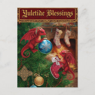 Postal Festiva Yuletide Blesss Fantasy Dragon Navidades