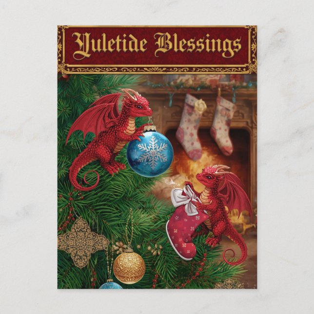 Postal Festiva Yuletide Blesss Fantasy Dragon Navidades (Anverso)