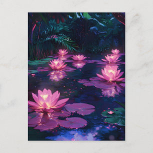Postal Festiva Zen de medianoche Naturaleza Estanque de Loto Rosa