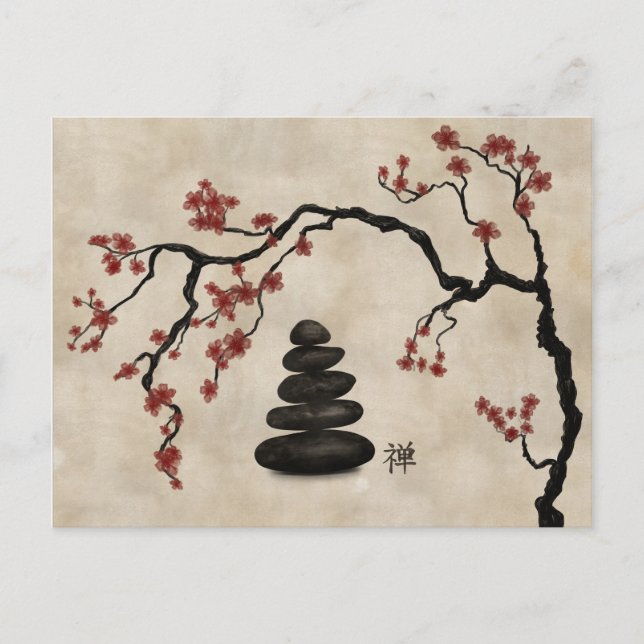 Postal Festiva Zen piedras Sakura Árbol (Anverso)
