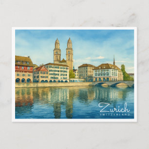 Postal Festiva Zurich Suiza Retrospectivo Aquarela Viajes