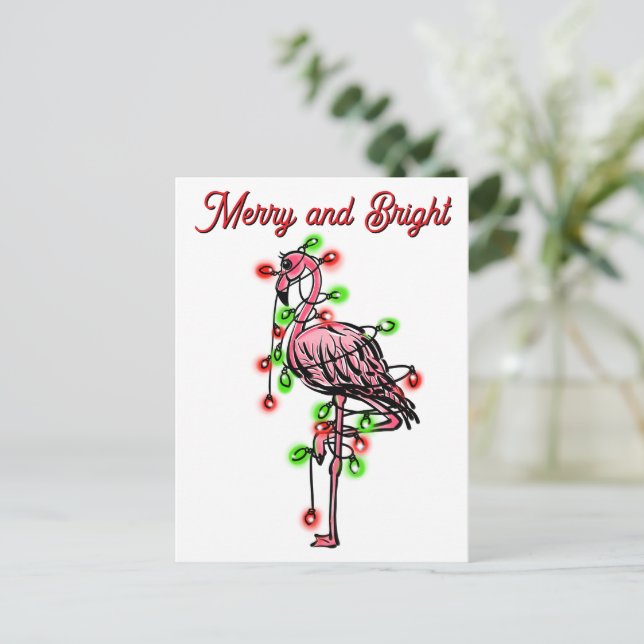 Postal Festive holiday Flamingo  red green Xmas lights (Anverso de pie)