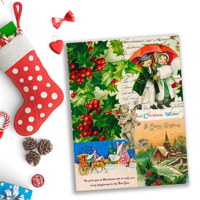 Postal Festive Vintage Victorian Christmas Kids Holly (Subido por el creador)