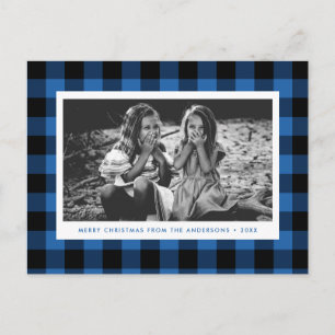 Postal Festividad Blue Buffalo Plaid Single Photo Navidad