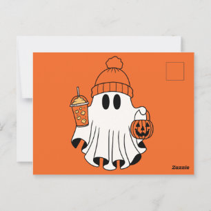 Postal Festividad con cesta de calabaza y latte helado