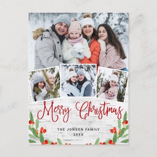 Postal Festividad de bienvenida Rústica Birch 4 navidades (Anverso)