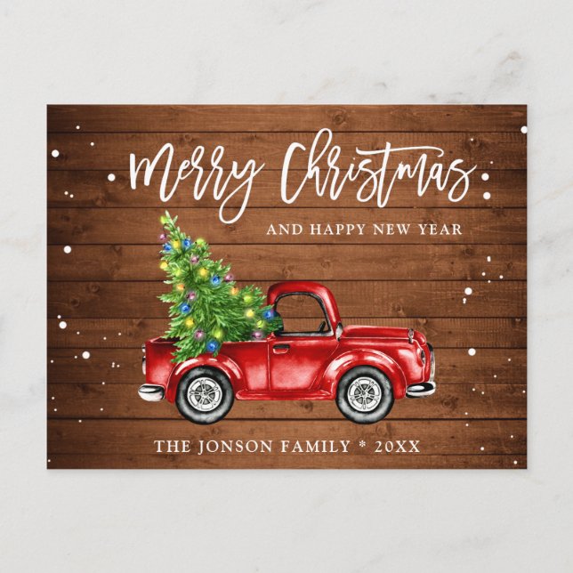 Postal Festividad de camionetas rojas clásicas Navidades  (Anverso)