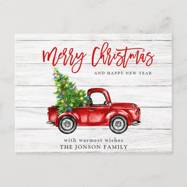 Postal Festividad de camionetas rojas clásicas Navidades  (Anverso)