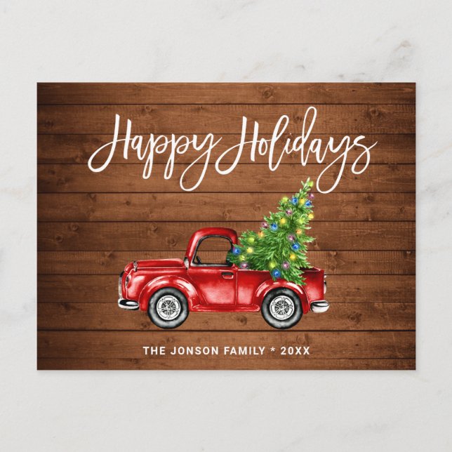 Postal Festividad de camionetas rojas clásicas Navidades  (Anverso)