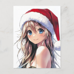 Postal Festividad de Chica de anime Santa Hat con ojos az
