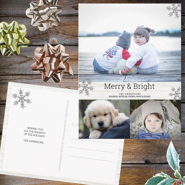 Postal Festividad de Collage de fotos Silver Snowflake 3 (Personalize this 3 photo Christmas postcard with your name, pictures and a custom holiday greeting.)