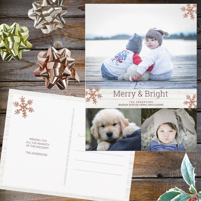 Postal Festividad de copo de nieve de oro Rosa 3 Collage  (Personalize these 3 photo Christmas postcards with your name, pictures and custom holiday greeting.)
