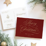 Postal Festividad de Cricket de Feliz Navidad Rojo y Oro<br><div class="desc">Esta sencilla postal de Navidades cuenta con elegantes y románticas letras de caligrafía rápida con un ramo de bayas en invierno y texto personalizado en la parte posterior. Para una personalización más avanzada de este diseño,  haga clic en el BOTÓN HERRAMIENTA DE DISEÑO AZUL de arriba.</div>