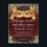 Postal Festividad de cumpleaños del Purpurina de oro de B<br><div class="desc">Moderna Mascarada de Glam Borgoña Purpurina de oro rojo destello Polvo Invitación a fiesta de cumpleaños</div>