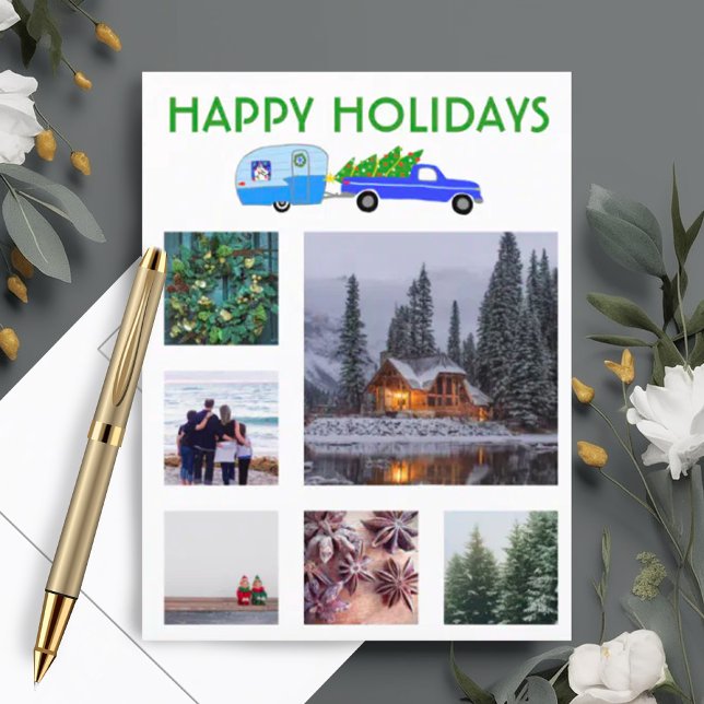 Postal Festividad de los Navidades de camionetas de perso (Custom photo holiday postcard with cute camper and truck.)