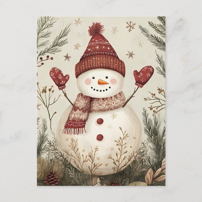 Postal Festividad de Navidades de Snowman saludando (Anverso)