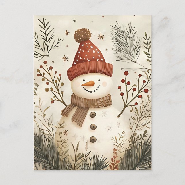 Postal Festividad de Navidades de Snowman saludando (Anverso)