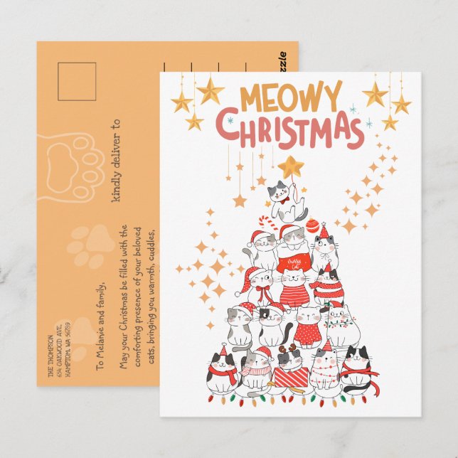Postal Festividad de Navidades Meowy del árbol de navidad (Anverso / Reverso)